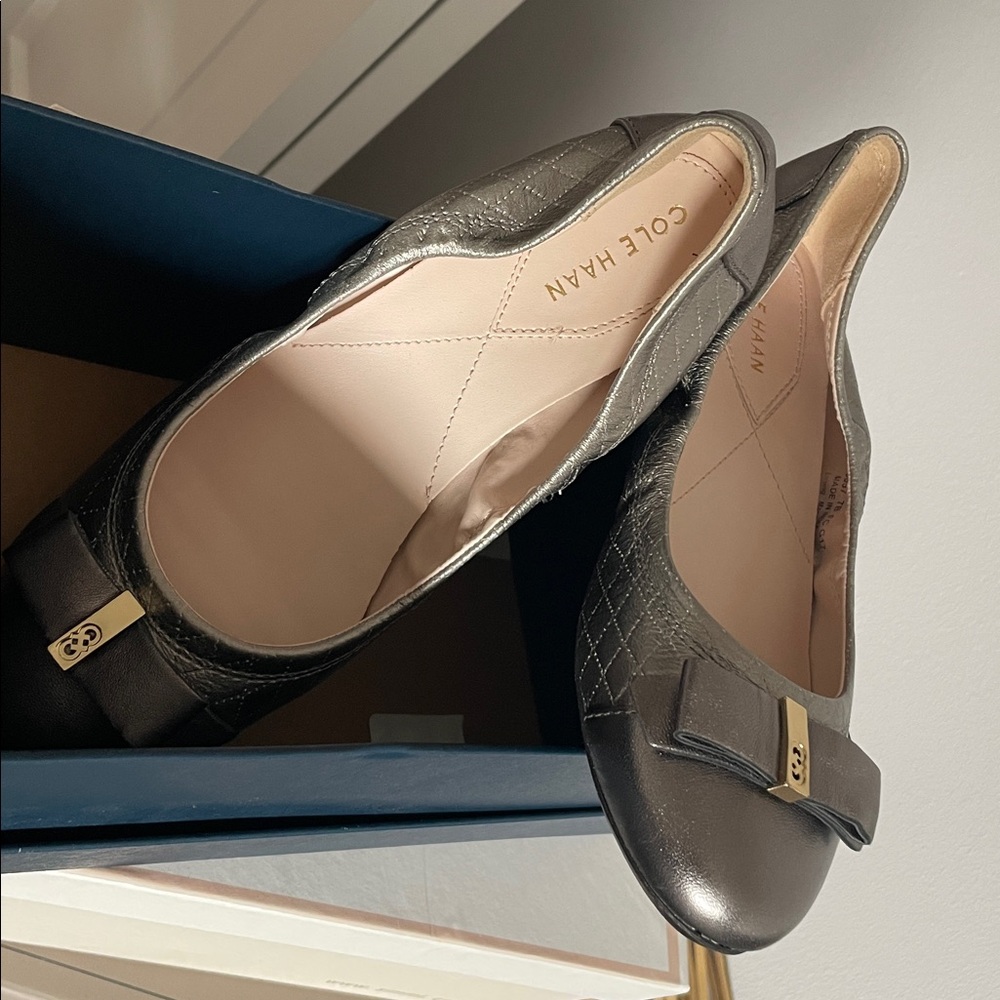 Cole Han Metallic silver Women's Ballet Flats with Bow Accent